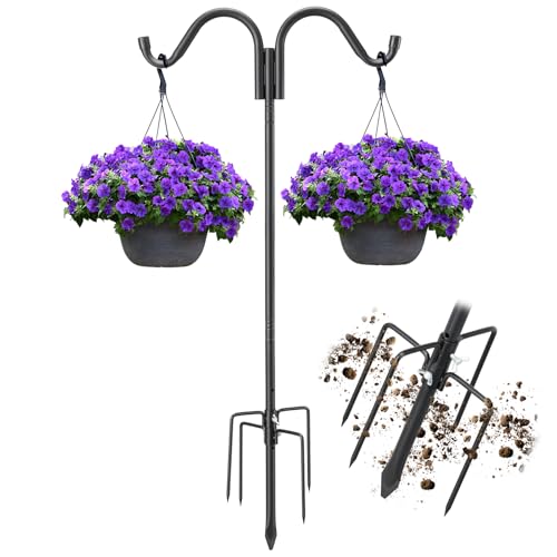 【Upgraded Stability】62 Inch Double Shepherds Hook for Outdoor, Heavy Duty Adjustable Bird Feeder Pole with 5 Prongs Base, Multi-Hook Stand for Bird House, Wind Chime, Hummingbird Feeder & Plants - size: 62"