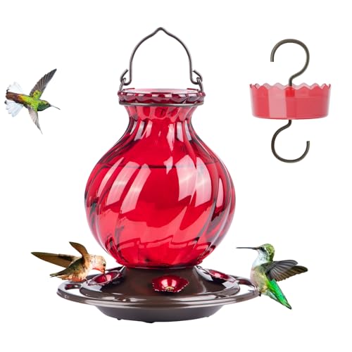 Auslar Glass Hummingbird Feeders for Outdoors Hanging, Red, 26 Oz | Hummingbird Feeder with Ant Proof Moat, 5 Bee Proof Feeding Ports, 360°Perch, Leak-proof, Outside Garden Backyard Decor - color: 1. Red