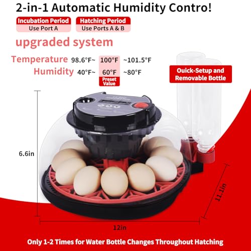 Incubators for Hatching Eggs with Automatic Egg Turning,Temperature & Humidity Control, Come with Egg Candler, External Water Bottles 360° Clear View Incubator for Hatching Chicken Eggs Quail Duck