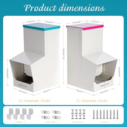 2PCS Metal Automatic Chicken Feeder, Wall Mount Hanging Poultry Feeder Dispenser with 2 Ports, 7lb Chicken Grit and Oyster Shell Feeder Trough No Waste for Outside Coop Quail Ducks Turkeys