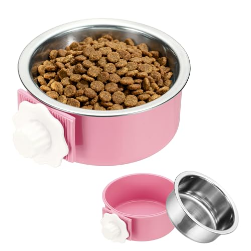 Crate Dog Bowl, Removable Stainless Steel Pet Cage Hanging Anti-Overturn Food Water Feeder Cage Cup (Round, Pink, 13.2oz), Intended for Puppies/Cat/Rabbit/Bird - color: Pink, size: 5.1"(13.2oz)