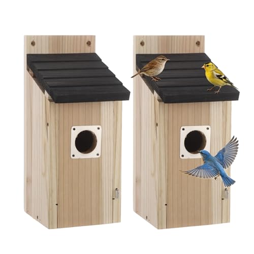 2 Pcs Bird Box Houses for Outside, 11.81 x 4.92 x 4.92 in Outdoor Hanging Wooden Birdhouses for Bluebirds, Unstained Natural Wood, 1.5 in Entry Hole, Sloped Roof, Bird Box for Wren, Finch, Swallow