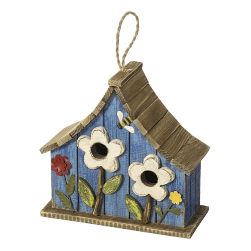 Glitzhome Bird Houses for Outside, 10.75"L Distressed Hanging Birdhouse with 3D Flowers Rustic Hand-Painted Garden Wooden Bird Houses for Outdoors Bird Box for Bluebird,Hummingbird,Sparrow,Wren Finch - color: 10.75"L 3D Flowers Washed Blue
