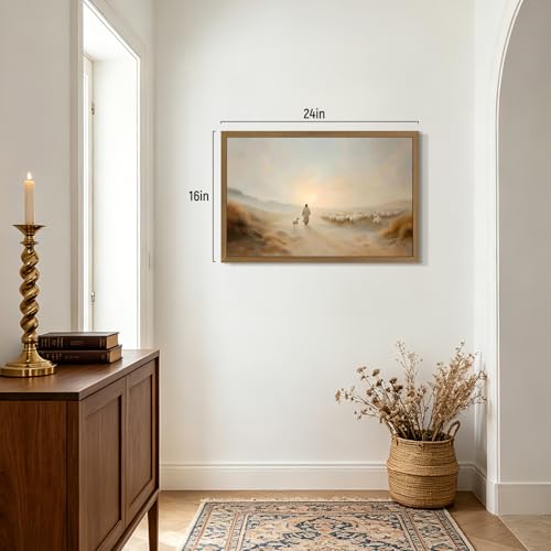 RLKHG Wood Framed Jesus Leaving the 99 Wall Art, Lost Sheep Christian Wall Decor, Inspirational Faith Poster Print, Biblical Good Shepherd Artwork for Prayer Church Bedroom Wood Framed 16x24 Inch - color: JesusLamb, size: 24"L x 16"W