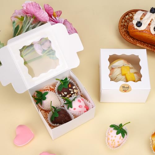 Moretoes 50pcs Small Cookie Boxes with Window, 4x4x2.5In White Bakery Boxes | Food-grade Treat Boxes with 5pcs Stickers for Small Cookies, Treats, Desserts, Chocolate Covered Strawberries, Mini Cake - color: White