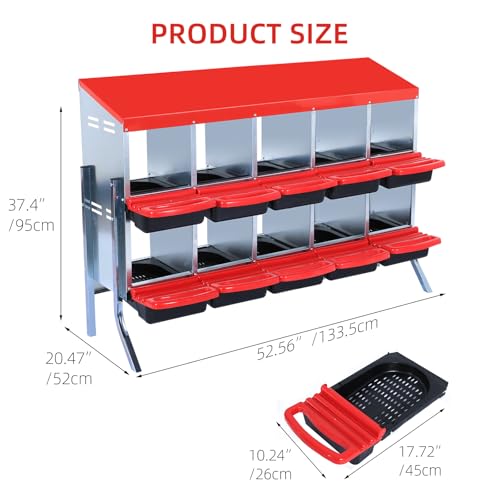 GarveeHome 2-Tier Chicken Nesting Box, 10 Compartment Metal Chicken Laying Boxes with Waterproof Roof ＆ Removable Trays for Hens, Poultry，Easy Egg Collection - color: Red, size: 10 holes with legs
