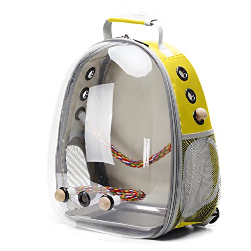 Bird Traval Carrier Cage, Clear Space Capsule Astronaut Backpack to Carry Parakeet Cockatiel Parrot with Metal Tray Wood Perch Bird Feeder, Vet Transport School Bag - color: Yellow