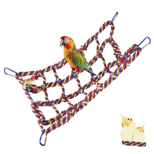 Parrot Climbing Net, Colorful Woven Pets Climbing Net with 4 Hooks, Small Animal Hanging Hammock Net Rat Cage Accessories for Parrot, Hamster (Red, M)