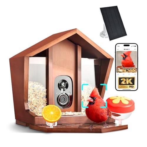 Smart Bird Feeder with Camera Solar Powered 2K UHD Video | AI Identification 10,000+ Bird Live Instant Arrival Alerts and Real-Time Motion Detection Weatherproof Bamboo for Outdoor - color: Dark Brown