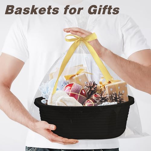 Pro Goleem Small Woven Basket with Gift Bags and Ribbons Durable Baskets for Gifts Empty Small Rope Basket for Storage 12"X 8" X 5" Baby Toy Basket with Handles, Black - color: black