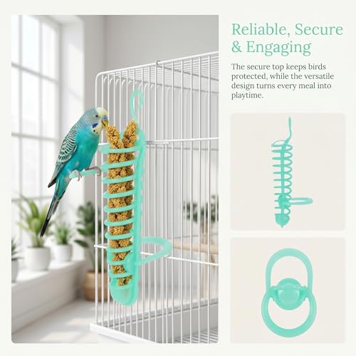 Kisangel Plastic Parakeet Millet Spray Holder, Hanging Feeder for Parakeets | Fruit Vegetable Foraging Toy, Prevent Waste, Cage Hanging Perch Stand, 9.8in Green Plastic Basket for Bird Cockatiels