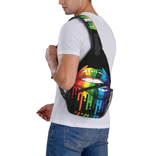 Lgbt Pride Rainbow Lips Art Black Sling Backpack Crossbody Shoulder Bag Chest Bag Travel Chest Pack Casual Daypack For Women Men Hiking Sports Working - color: Black2