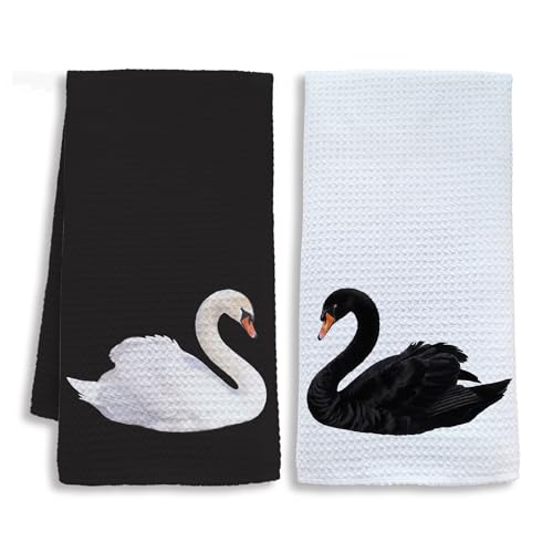 Vintage Swan Kitchen Towels, Rustic Farmhouse Swan Dish Tea Towels for Kitchen, Black and White Elegant Animal Decorative Hand Towel for Bathroom Decor, 16x24 Inch Set of 2 - color: White Swan