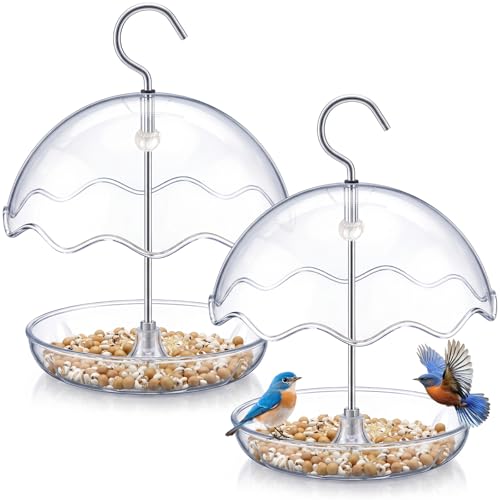 2 Pcs Dome Platform Bird Feeder Adjustable Small Bird Feeders for Outdoor Hanging 360° Clear Bluebird Feeder for Mealworms with Weatherproof Dome Can Be Filled with Seed (Wavy Edge)