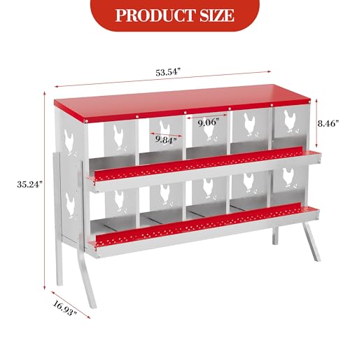 Chicken Nesting Boxes 10 Holes Galvanized Steel Rustproof Egg Laying Box with Egg Collection Systems, Hen Eggs Laying Box, Ventilated/Easy to Install, for Chicken House/Duck House/Hen - color: Red, size: 10 Holes with Legs
