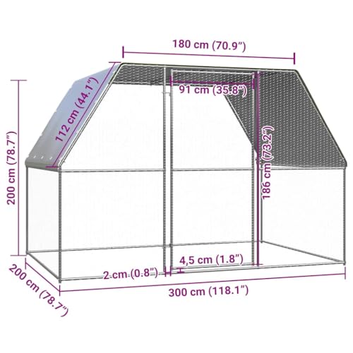 Large Chicken Cage Outdoor Walk in Poultry Coop Galvanized Steel Hen House with Cover Silver 9.8x9.8x6.6ft - color: Silver