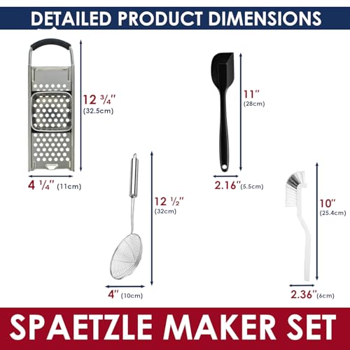 Stainless Steel Spaetzle Maker with Comfort Grip Handle, Spaetzle Press with Spider Strainer Spoon, Silicone Spatula and Cleaning Brush, Homemade Traditional German Egg Noodle Dumpling Making Tool