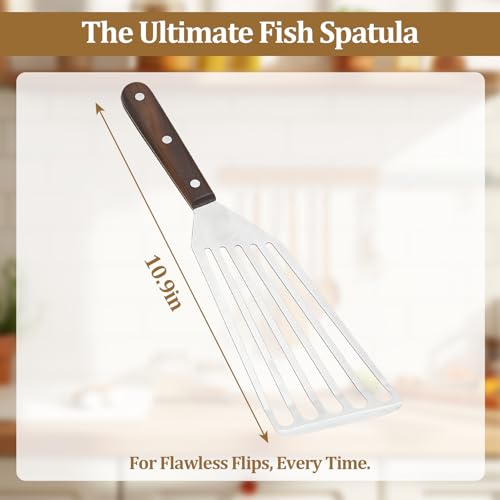 Fish Spatula Wide Slot, Premium Stainless Steel with Wood Handle for Flipping Fish, Eggs, Pancakes & Burgers (Small) - size: Small