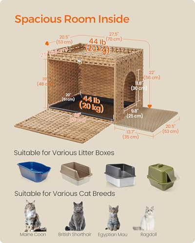 Feandrea Cat Litter Box Enclosure, Handwoven Rattan Hidden Furniture | Extra Litter Mat, Removable Washable Tray, Boho Cat House, End Table, Goose Yellow UPCL014K01 - color: Goose Yellow, size: M (27.5" L x 20.5" W x 22" H)