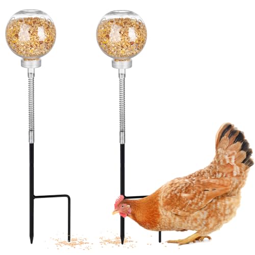 2 Pcs Chicken Peck Toy Chicken Slow Feeder Ball and Enrichment Toys with Spring and Ground Stake Hens Slow Feed Treat Dispenser for Duck Bird Parrot Coop, Reduce Boredom and Feather Pecking