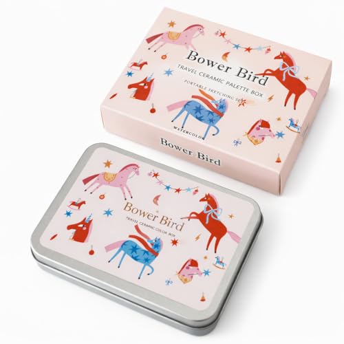 Bower Bird Travel Ceramic Watercolor Palette with Porcelain Mixing Tray, Metal Tin Box, White, 5.3x3.5x0.55 Inches, Portable Art Kit (8Well)