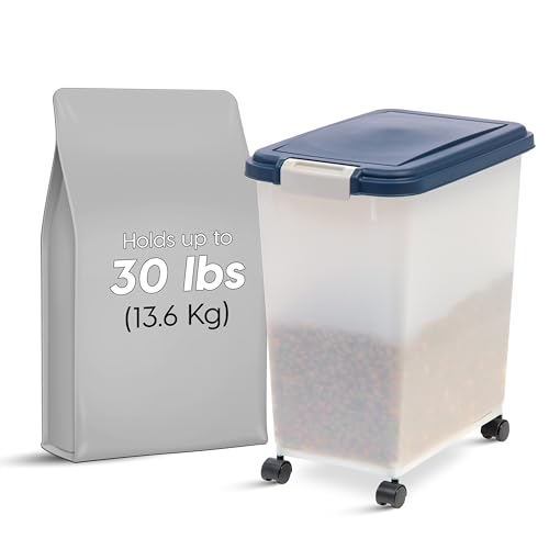 IRIS USA Dog Food Storage Container, Up to 30 lbs, Navy/Pearl, Made in USA | Wheels for Mobility, Airtight Seal, BPA-Free, Best for Bird Seed, Cat food, Cat Litter, Chicken Feed, Pellets - color: Navy/Pearl, size: 30 lbs