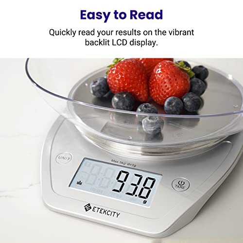 Etekcity 0.1g Food Kitchen Scale, Bowl, Digital Grams and Ounces for Weight Loss, Dieting, Baking, Cooking, and Meal Prep, 11lb/5kg, Stainless Steel Silver | 11lb/5kg capacity with tare, removable bowl, ideal for baking, coffee, meal prep and portion cont