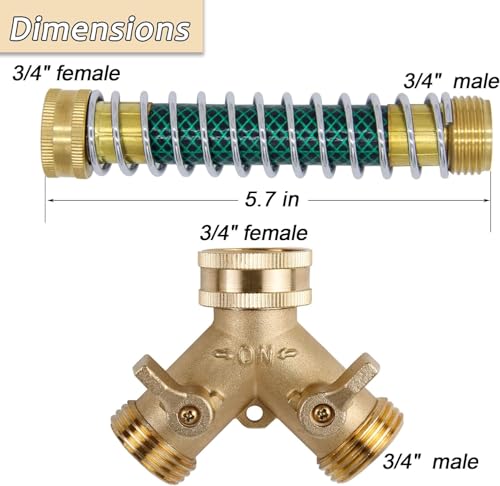 Triumpeek 3/4" Brass 2 Way Hose Splitter, Brass 2 Way Garden Hose Connector with 2 Pcs Garden Hose Coiled Spring Protectors and 6 Rubber Washers | Brass 2 Way Garden Hose Connector, 2 Pcs Garden Hose Coiled Spring Protectors, 6 Rubber Washers - style: 1Y