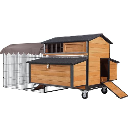 GUTINNEEN Chicken Coop with Run Large Hen House on Wheels Chicken House for Chickens Poultry Cage with Nesting Box,Leakproof Pull-on Tray - color: Brown