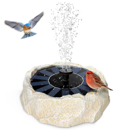 Solar Fountain for Bird Bath with Solar Panel Upgraded Faux Granite Rock Water Pump with 6 Nozzles for Birdbath Outdoor Garden Pond Pool Fish Tank Attracts Birds Energy-Efficient Backyard Decor Beige