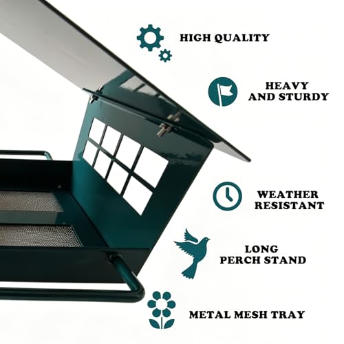 All-Metal Platform Bird Feeder, Dark Green Hanging Feeder | Double-Sided Long Perches, Stainless Steel Mesh Tray, Extended Roof Eaves and Rust-Resistant Finish for Small Birds