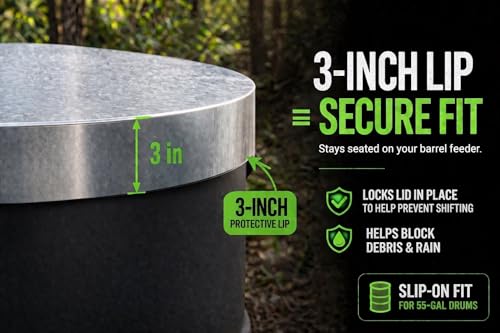 Elusive Wildlife 55 Gallon Drum Lid for Barrel feeders- Heavy Duty Galvanized Feeder Lid with 3 Inch Lip up to 9lb Weight for Deer and Turkey Feeders Perfect for Winch up Barrel feeders - size: 55 Gallon
