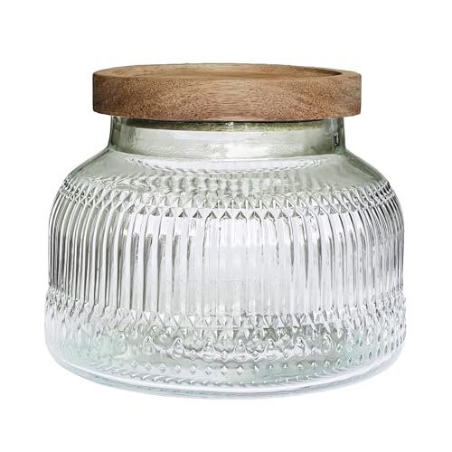 Decorative Ribbed Glass Jar with Airtight Wooden Lid, 25.4 fl. oz | Wide mouth vintage storage canister, kitchen pantry bathroom organization, coffee sugar tea cookie candy candle vase gift - size: 25.4 Ounces, style: Clear Ribbed