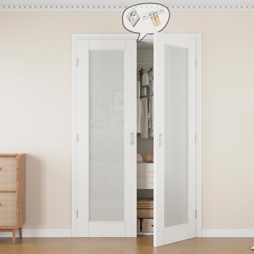 48x80 Interior French Door,1-Lite Frosted Glass Doors,DIY Prehung Room Door | Prefinished & Paintable Double Doors with Ball Catches & Hinges & Handles,Tempered Frosted Glass,Interior Swing Closet Door - color: Full Frosted Glass, size: 48" x 80"