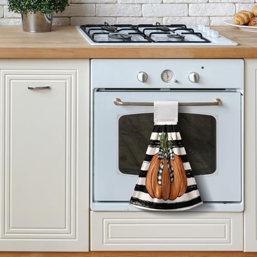 Fall Pumpkin Maple Leaves Kitchen Towels with Hanging Loop Autumn Thanksgiving Stripe Hand Tie Towels Soft Absorbent Fingertip Bath Towel Oven Stove Dish Washcloths Set of 2 - color: Fall Stripe