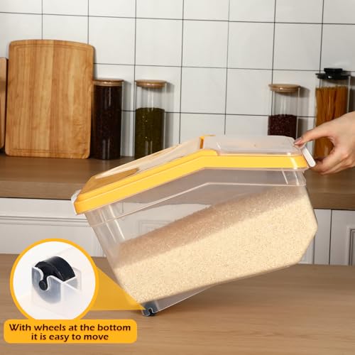 4 Pcs Rice Storage Container 22 lb Airtight Flour Container with Wheels Measuring Cup Clear Pet Dog Cat Birds Food Bin Grain Cereal Organizer Box for Dry Baking Supplies(Yellow Lid) - color: Yellow Lid, size: 22 lb