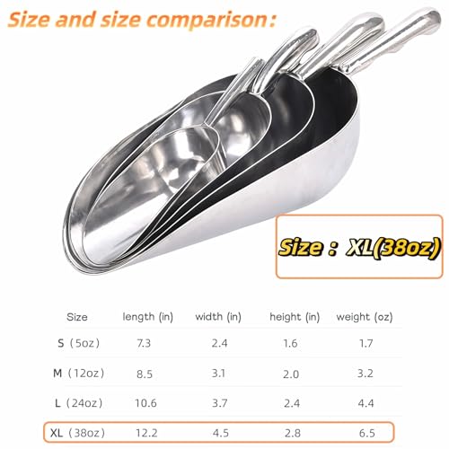 Ice Scoop, Heavy Duty Cast Aluminum, Ergonomic S-Curve Handle, Commercial Grade for Ice, Coffee, Popcorn, Flour, Sugar, Food-Grade & Rust-Proof Kitchen Tool (XL (38oz)) - size: XL (38oz)