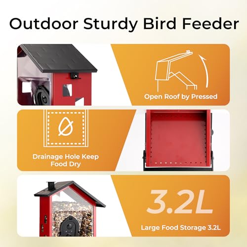 Smart Bird Feeder with Camera, Heavy-Duty Chew-Proof Metal Casing, Solar Powered, AI Identify Bird Species & Instant Notifications, 3.2L Large Capacity Bird Watching Gift, Red
