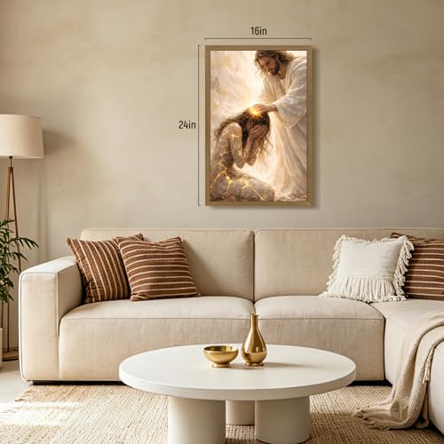 RLKHG Wood Framed Jesus Healing Woman Wall Art, Christian Faith Religious Poster Print, Biblical Miracle Wall Decor, Inspirational Bible Story Artwork for Church Prayer Living Room 12x16 Inch - color: JesusWoman, size: 16"L x 12"W