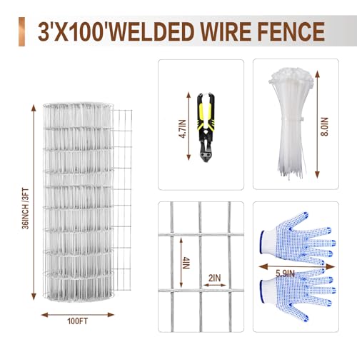 Tongmo 3 ft x 100 ft Galvanized Welded Wire Fence, 16GA Garden Chicken Wire Fence Roll, Mesh Size 2" x 4"Hardware Cloth, Ideal for Yard Protection and Poultry Netting - color: Galvanized, size: 3ft*100ft