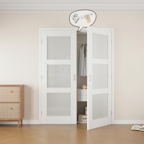56x80 Interior French Door,3-Lite Frosted Glass Doors,DIY Prehung Room Door | Prefinished & Paintable Double Doors with Ball Catches & Hinges & Handles, Tempered Frosted Glass, Interior Swing Closet Door - color: 3 Panel Frosted Glass, size: 56" x 80"