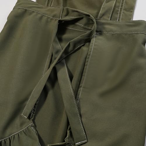 Cute Cotton Apron for Women, Adjustable Bib Cooking Kitchen Aprons with Pockets for BBQ Drawing Baking - color: Army Green