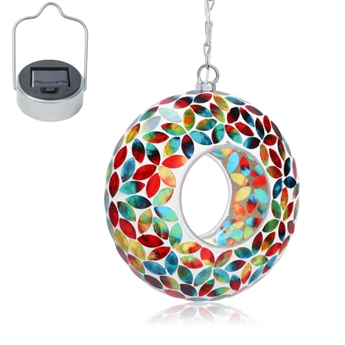 VCUTEKA Solar Bird Feeder, Fly Through Mosaic Birdfeeder for Garden Decor | 10" Mosaic Bird Feeders for Outside Hanging Round Shape Glass Container to Attract More Wild Bird Feeders for Bird Lovers - color: Red&Blue