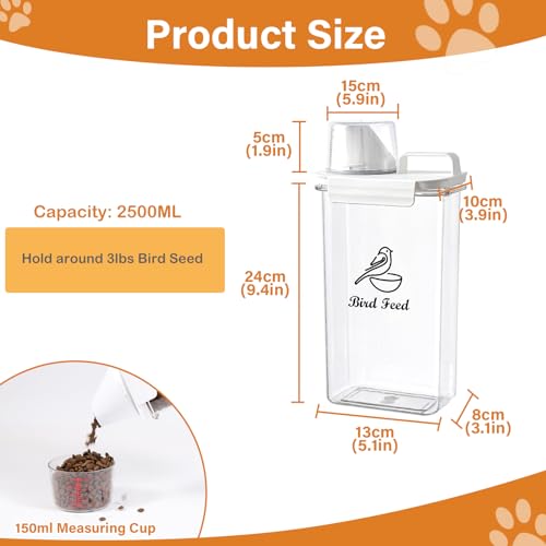 Bird Seed Storage Container Airtight | 3 Qt/2.5 L Clear Plastic Bird Food Container Portable-with Measuring Cup/Lid|Pet Food Storage Container |Wild Bird Seed Dispenser|BPA Free - color: Bird Feed