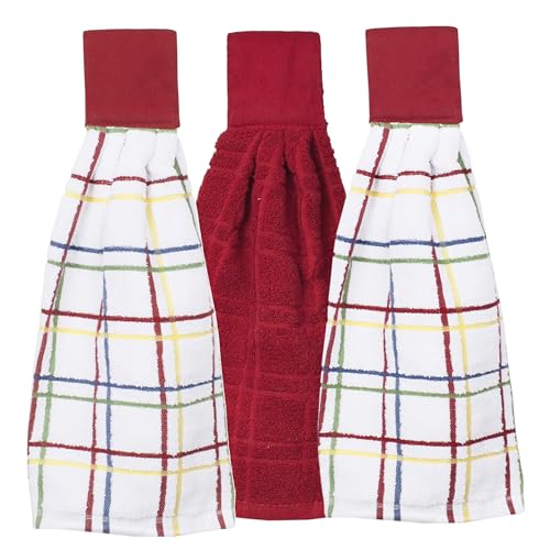 Ritz Premium 100% Cotton Solid & Multi Check Kitchen Tie Towel Absorbent, Super Soft, Fast Drying Hang Towel, 3-Pack, Paprika Red - color: Paprika Red, size: Solid & Multi Check - 3 Piece