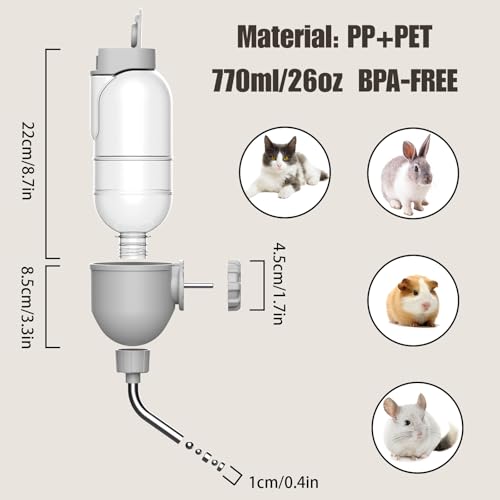 Pet Water Bottle for Cage Crate 26oz Non-Drip Water Dispenser for Small Animal Rabbit Bunny Guinea Pig Chinchilla Ferret Squirrel Hedgehog (Gray, 26oz) (Pack of 2) - color: Gray, size: 26oz (Pack of 2)