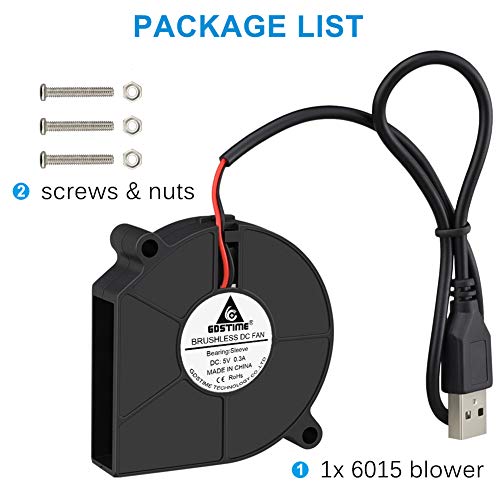 GDSTIME 60mm x 15mm USB Blower Fan w/ 3 Speeds Control 5V DC Brushless Fans | Adjustable, 6015, Small Turbo Blowers, for Helmets, Costumes, Mini PC Cooling Ventilaiton - size: 60mm x 15mm