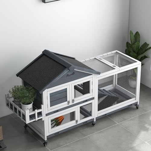PawHut 65" Wooden Rabbit Hutch Guinea Pig Hutch Openable Roof Wheels Gray | Pet Playpen, Bunny House Enclosure, Storage Box, Slide-out Tray, Ramp, for Rabbits Chickens Ducks