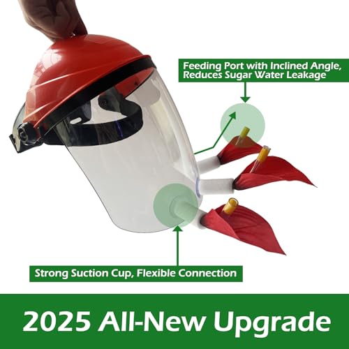 Hummingbird Feeder Hat, Wearable Hummingbird Feeder Helmet | Hummingbird Feeder Mask with 3 Upward Flower Ports for Close Viewing, Helps Reduce Drips, Fog-Resistant Visor, Adjustable Fit - color: Red-1P
