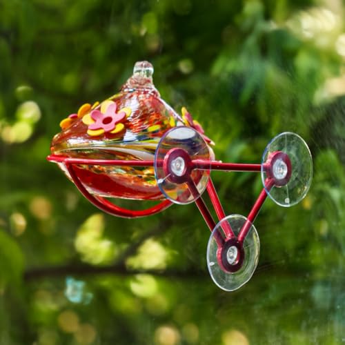 Window Hummingbird Feeder - Hand Blown Glass Mounted Hummingbird Feeder with Strong Suction Cups for Outdoor Window Mount (Red) - color: Red